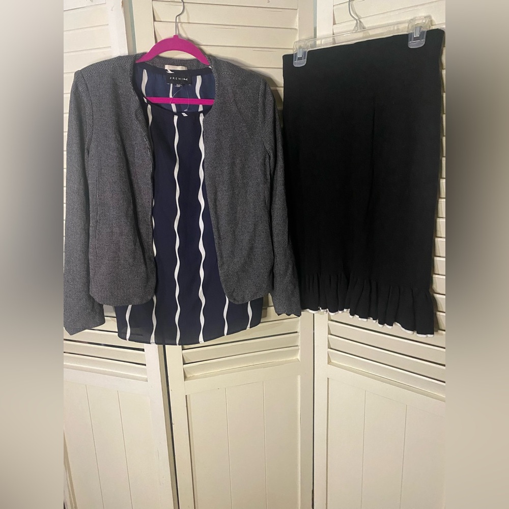 Three piece outfit including Ralph Lauren skirt, Premise tank, and a Loft blazer